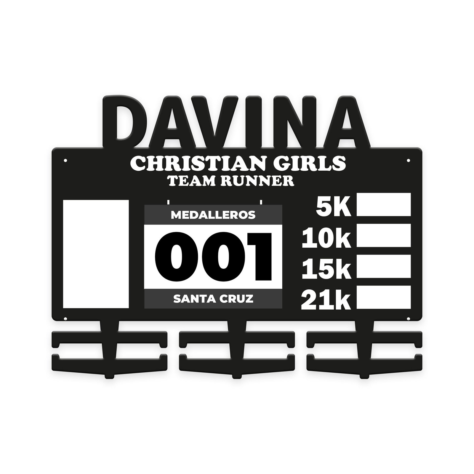 Runner con foto, dorsa, registro de tiempo, frase y nombre personalizado